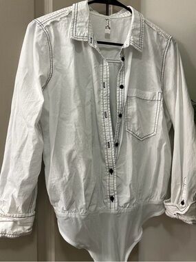 Free People White Long-Sleeve Button Bodysuit with Black Contrast Stitching